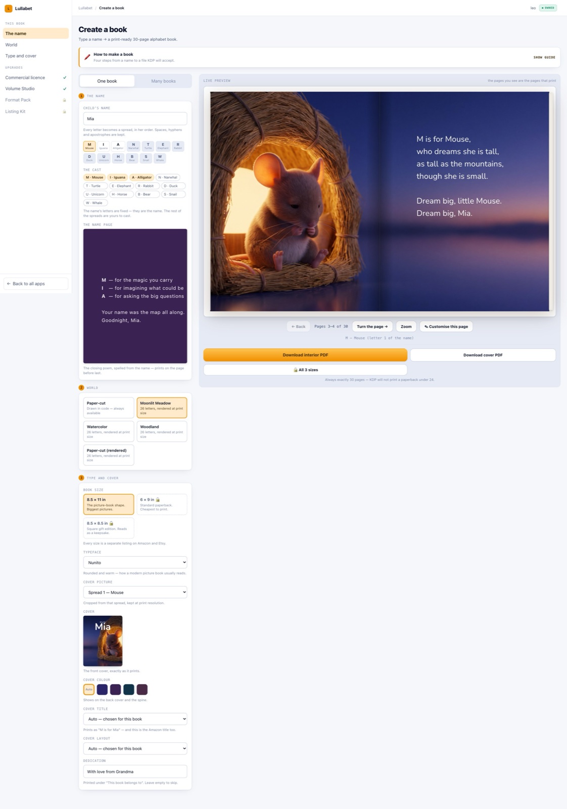 The Lullabet dashboard after signing in with the review account: the World shelf with four worlds, the cast picker, the Name Page, and a spread building in the live preview
