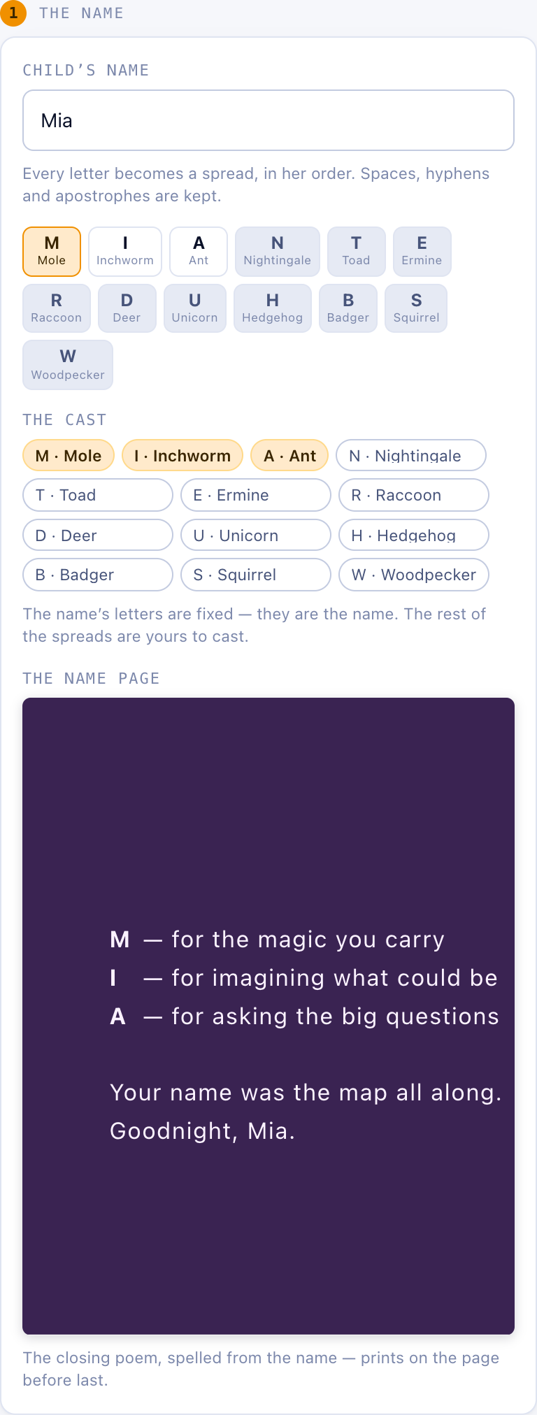 The name step: letter chips, the cast picker for the padding spreads, and the Name Page preview