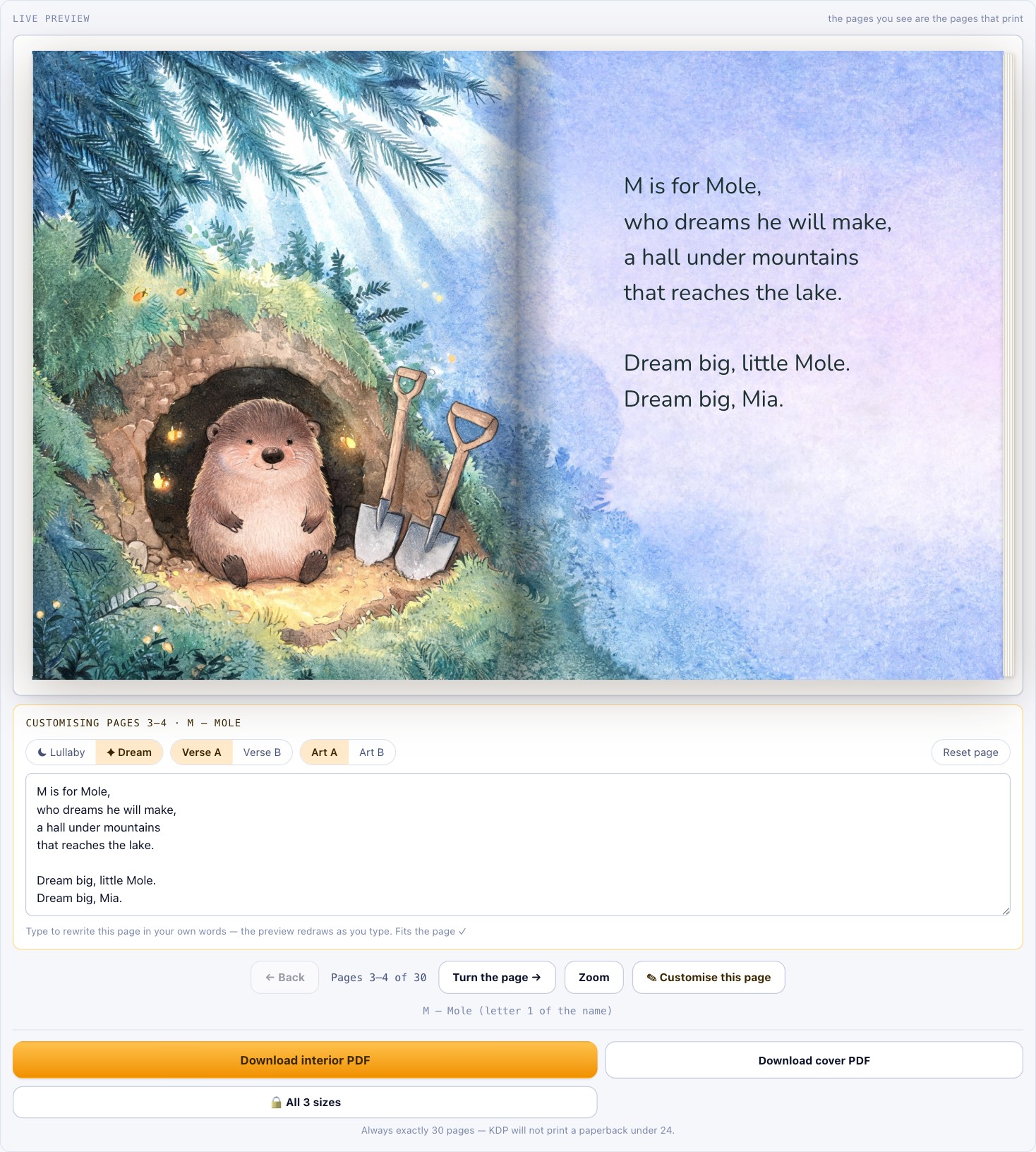 The live preview showing the Woodland mole spread in Dream tone, with the page editor open below it