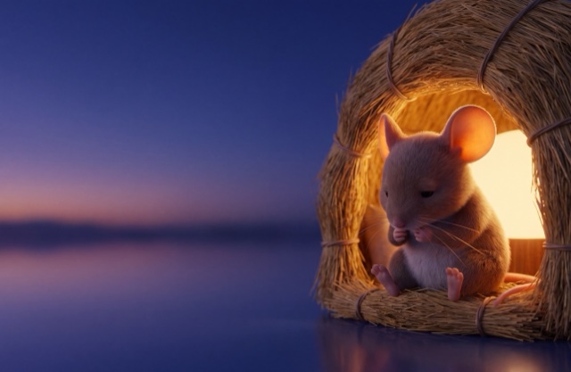 The letter M spread in the Moonlit Meadow world — a soft 3D mouse in a hay house at night