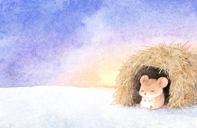 The letter M spread in the Watercolor world — a hand-painted mouse in a hay house at dusk
