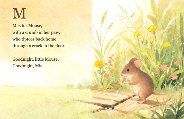 The letter M spread in the Wildflower world — a hand-painted mouse in a hay house at golden hour, buttercups and tall grass around it