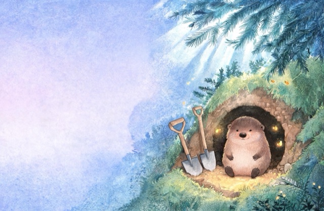 The letter M spread in the Woodland world — a watercolor mole beside its tunnel and two spades
